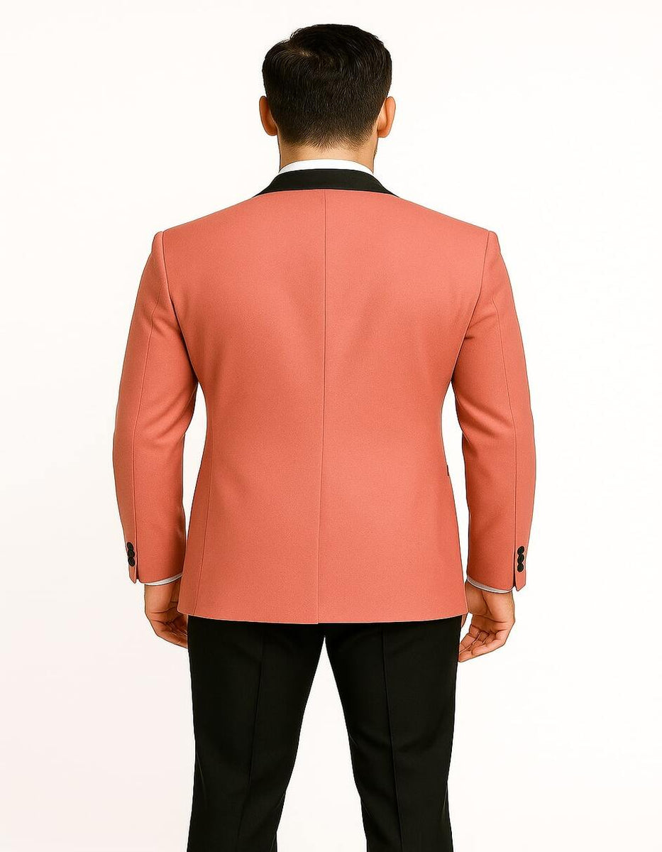 Men's Coral Pink Tuxedo Jacket with Black Satin Shawl Lapel Velvet