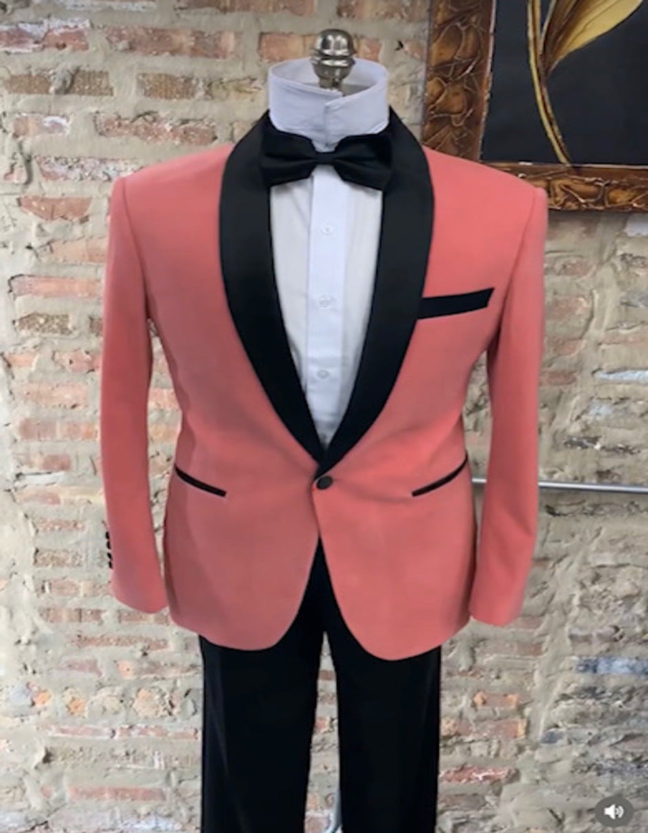 Men’s Coral Pink Tuxedo Jacket with Black Satin Shawl Lapel Velvet Fabric – Modern Slim Fit Formal Blazer – SuitUSA