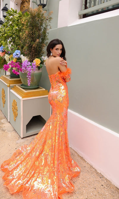 Sequin-Print Prom Dress Strapless Mermaid Red Carpet Gown with Gloves