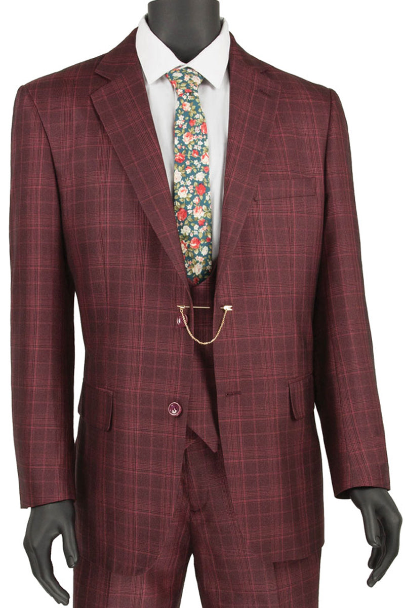 Mens Burgundy Windowpane Suit with Vested Peach Lapel