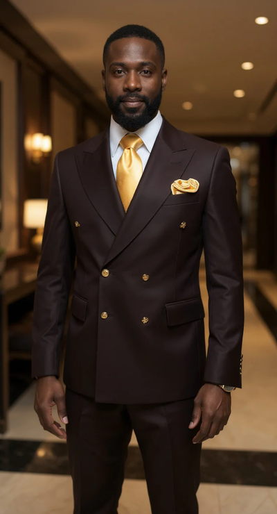 Rossi Brown Slim Fit Double Breasted Suit with Gold Buttons