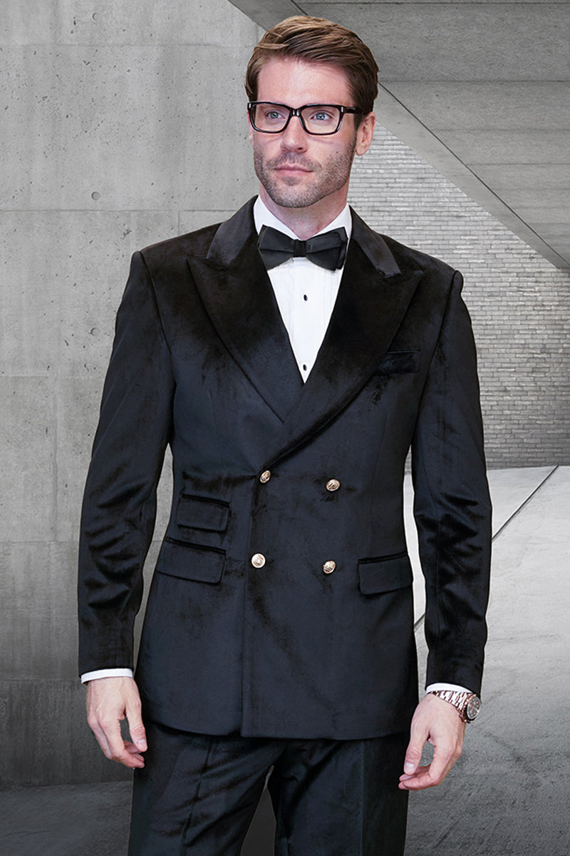 Men's Velvet Double Breasted Suit in Black with Gold Buttons