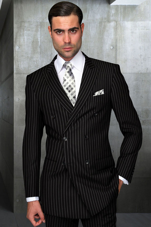 Bold Black Gangster Pinstripe Wool Suit