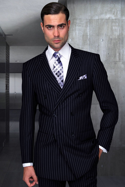 Men's Double Breasted Wool Suit in Navy Pinstripe