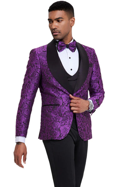 Mardi Gras Tuxedo Suit Men's One Button Slim Fit Shiny Paisley Floral Vested Prom Tuxedo in Purple