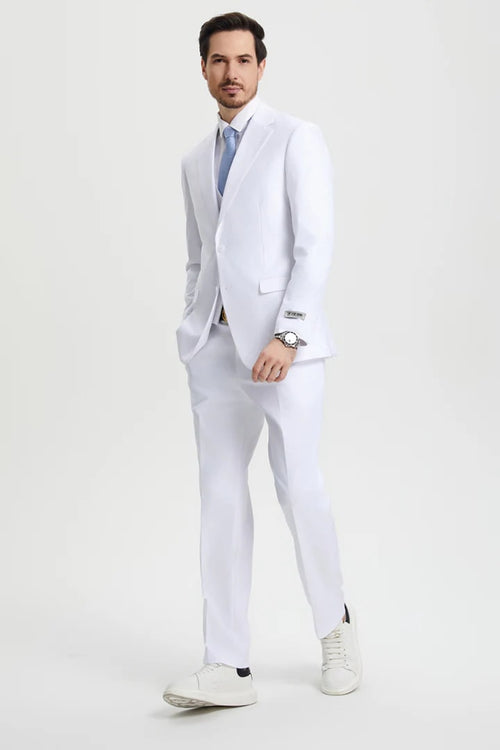 White Wedding Suit For Men - Perfect For Groom - Men's Two Button Vested Stacy Adams Basic Designer Suit In White - Men's Tuxedo USA