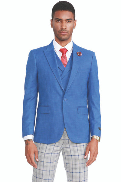 Men's French Blue Vested Suit with Plaid Pants