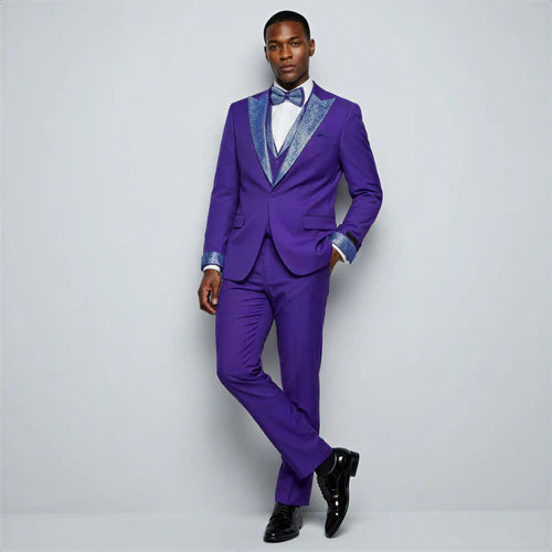 Mardi Gras Tuxedo Suit Purple Peak Lapel Tuxedo with Stones β 4 Piece Set