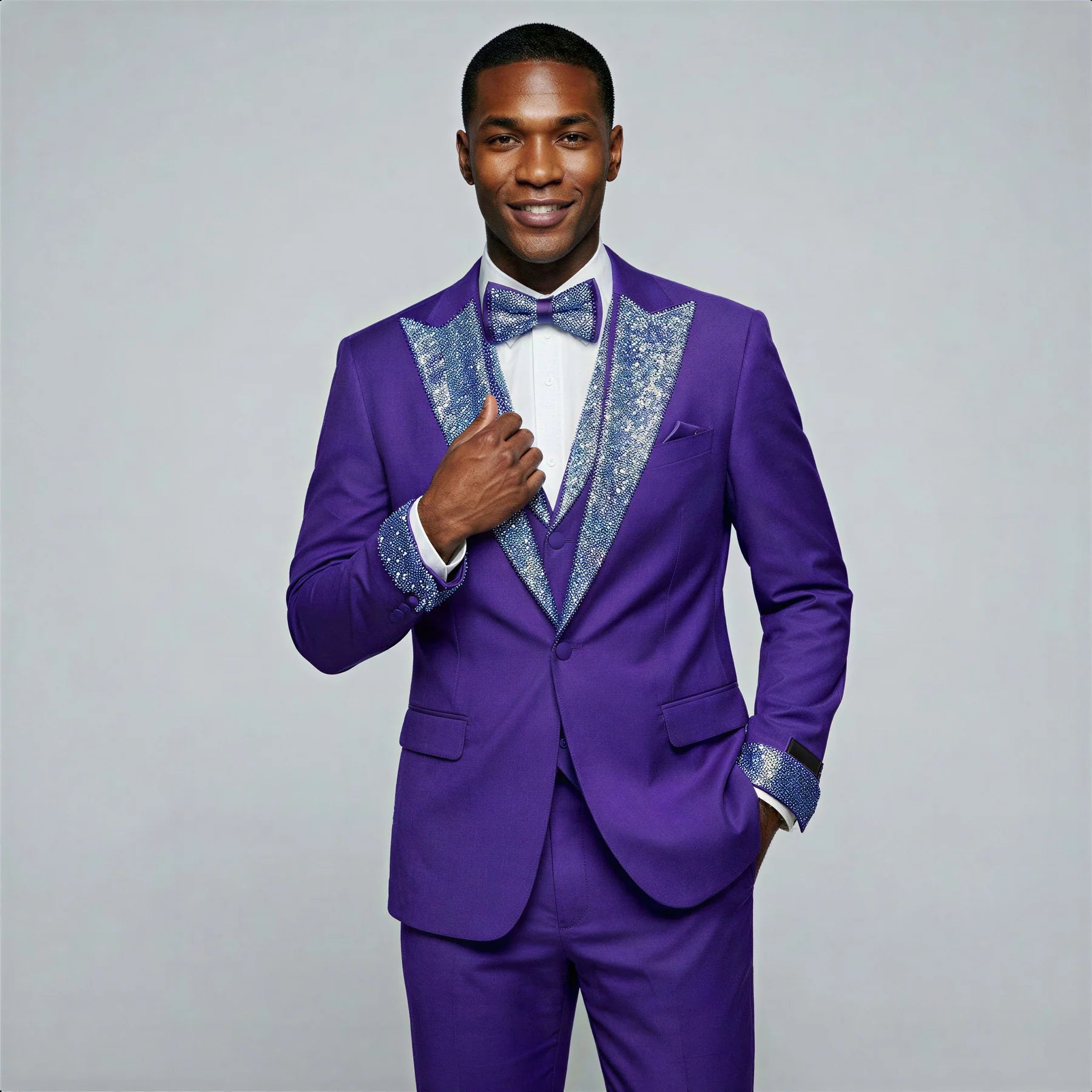 Mardi Gras Tuxedo Suit Purple Peak Lapel Tuxedo with Stones β 4 Piece Set