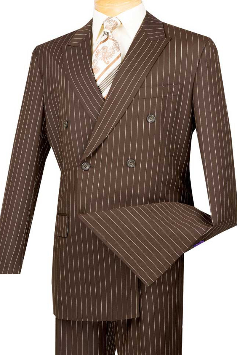 Mens Double Breasted Gangster Pinstripe Suit in Brown from Vinci Suits