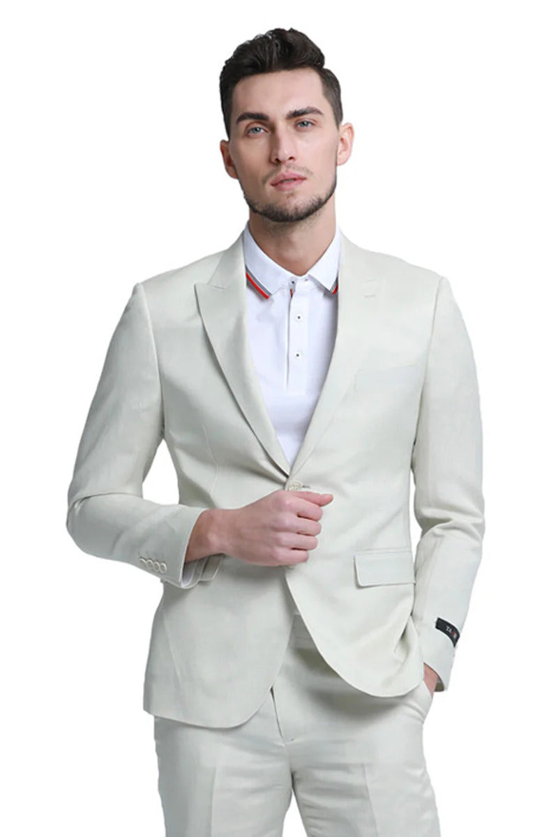 Mens Two Button Peak Lapel Summer Linen Style Beach Wedding Suit in Ivory Off White