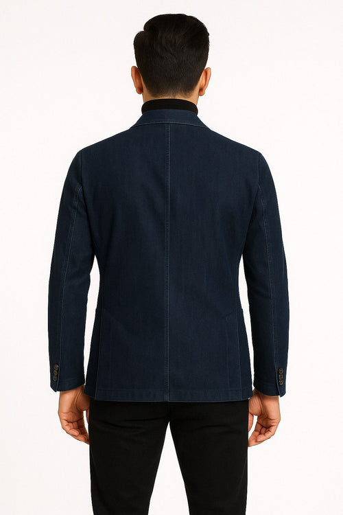 Mens Dark Blue Denim Casual Blazer with Notch Lapel and Single Button Closure by USA Men's Outlet
