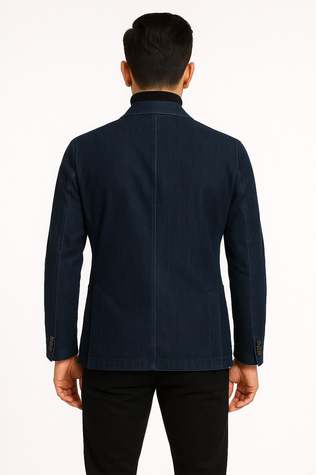 Mens Dark Blue Denim Casual Blazer with Notch Lapel and Single Button Closure