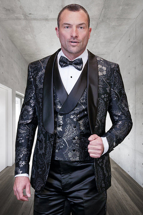 Men's black paisley lace print vested tuxedo for prom & wedding with satin lapel and bowtie by USA Men's Outlet