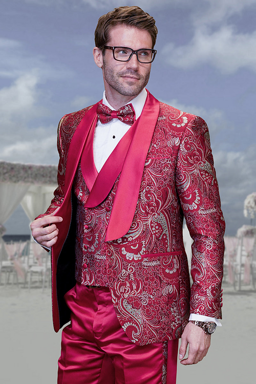 Men's Red Brocade Paisley Tuxedo with Vested Prom & Wedding Suit