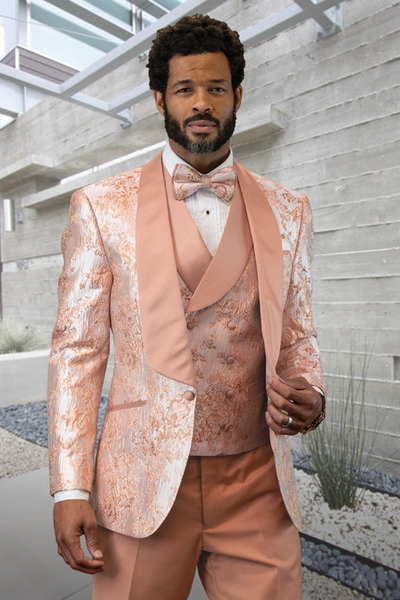 Men's Vested Prom & Wedding Tuxedo in Japanese Paisley Satin - Blush Pink