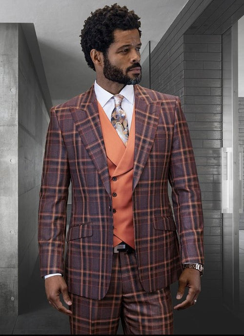 Statement Confidence Designer Suit - Copper - Orange - Super 150's Wool Suit 1 Button Peak Lapel Double Breasted Vest Rust Color Perfect Fro Church