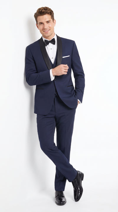 Designer Tuxedos Men’s Navy One Button Shawl Lapel Tuxedo Suit for Wedding, Prom and Formal Events