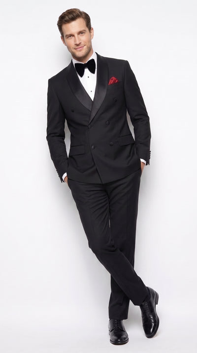 Men’s Black 6 Button Double Breasted Tuxedo, 2 Piece Formal Wedding Prom Suit