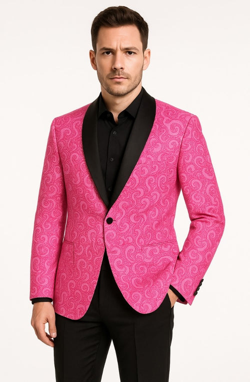 Men’s Hot Pink Tuxedo Suit With Black Pants Paisley Patter with Black Shawl Lapel - Fuchsia Color Prom Suit