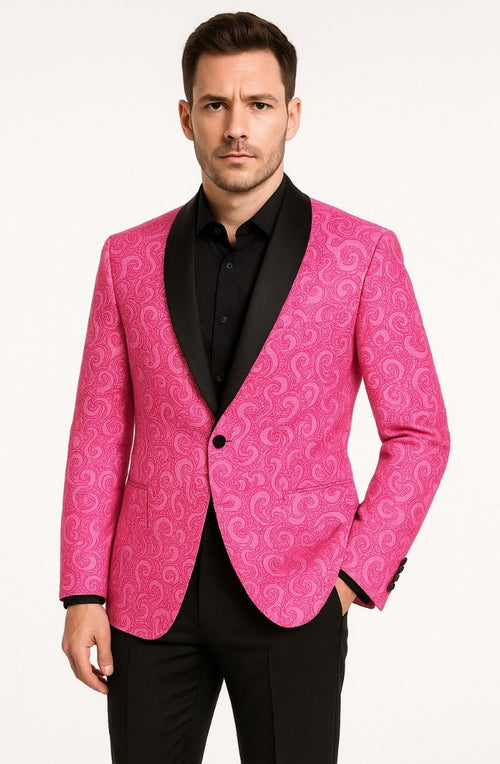 Men’s Hot Pink Paisley Tuxedo Blazer with Black Shawl Lapel Fuchsia Color Dinner Jacket Perfect for Prom by USA Men's Outlet