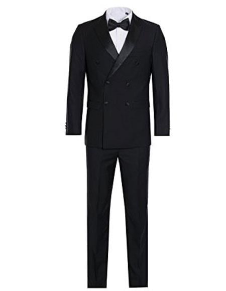 Men's Black Slim Fit Double breasted Suits Tuxedo Flat Front Pants - mensusain