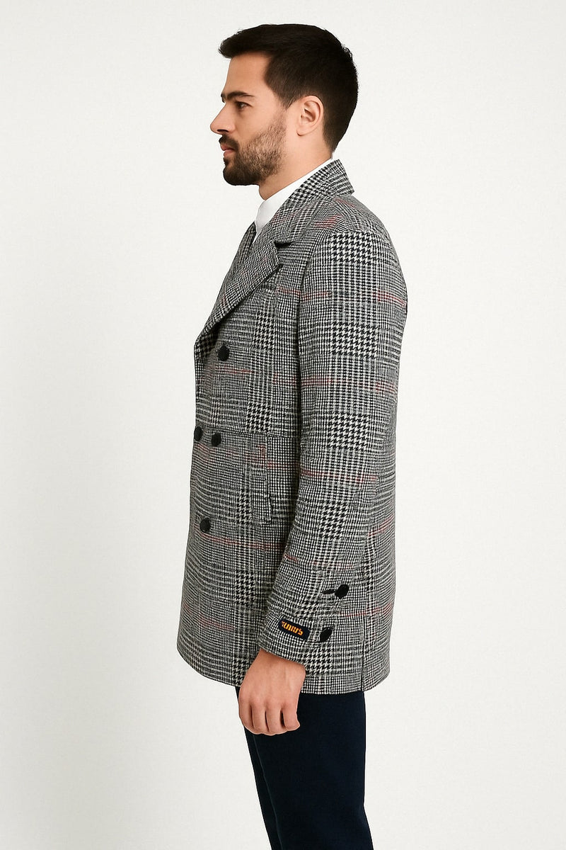 Mens Double-Breasted Houndstooth Plaid Overcoat in Black, White, and Red