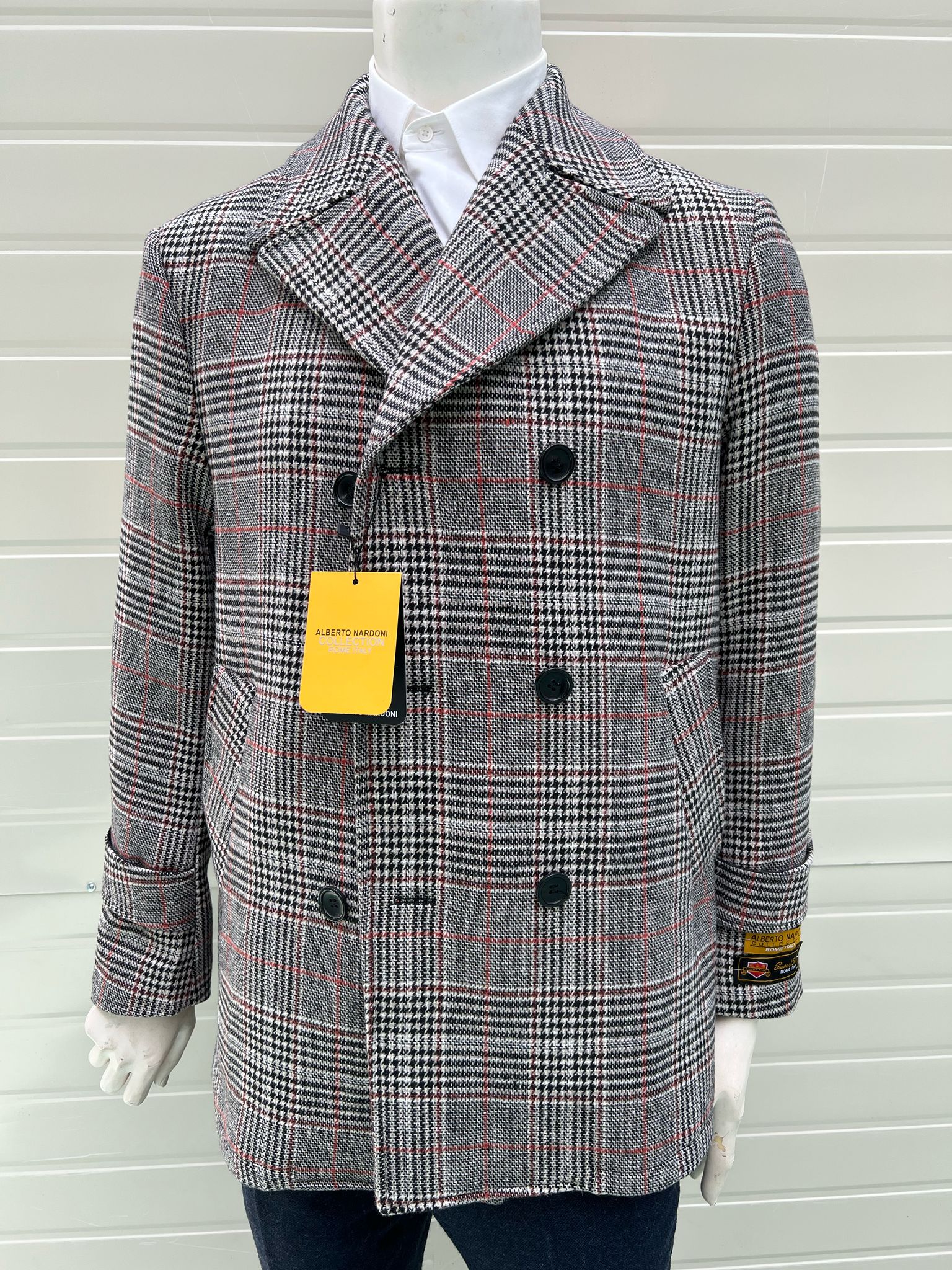 Mens Double-Breasted Houndstooth Plaid Overcoat in Black, White, and Red