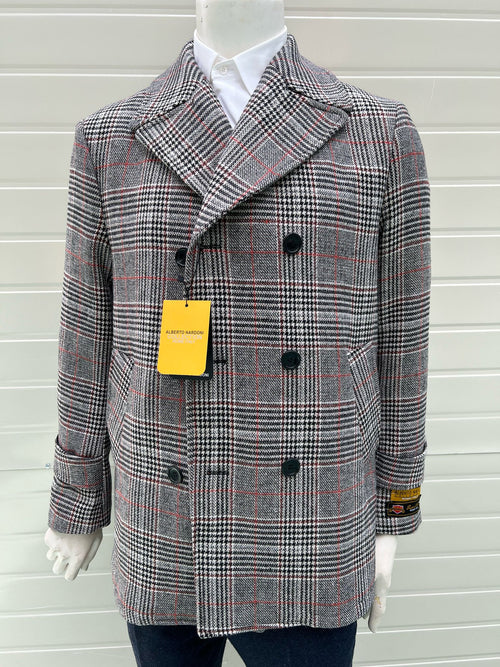 Mens Double-Breasted Houndstooth Plaid Overcoat in Black, White, and Red