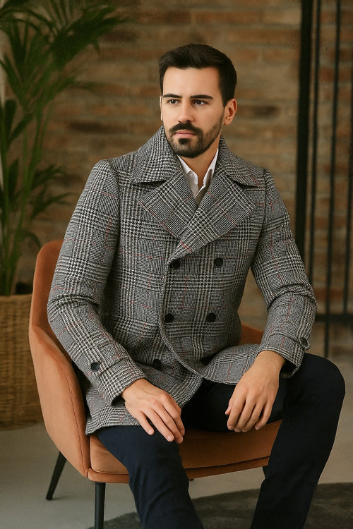 Mens Double-Breasted Houndstooth Plaid Overcoat in Black, White, and Red USA Men's Outlet