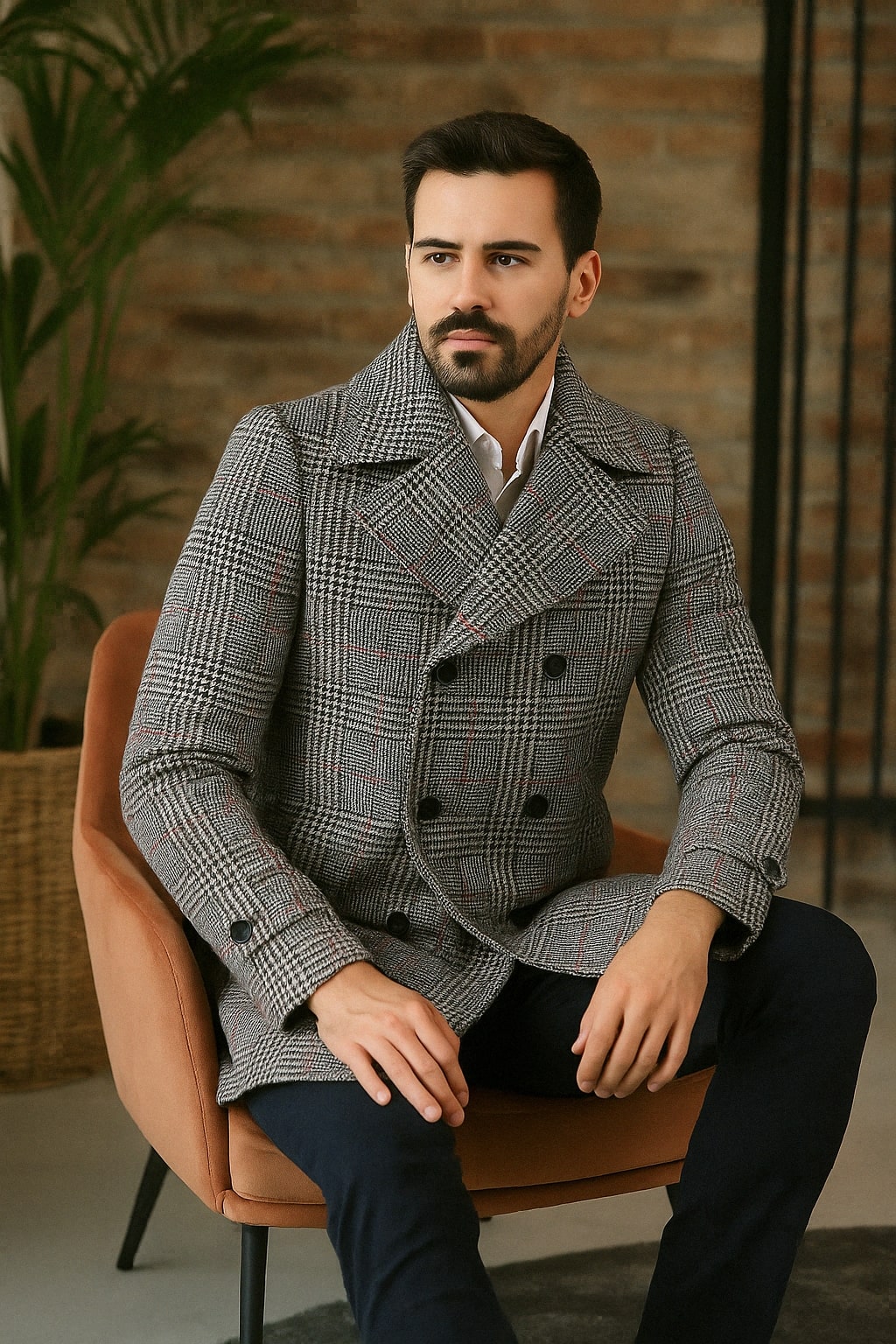 Mens Double-Breasted Houndstooth Plaid Overcoat in Black, White, and Red