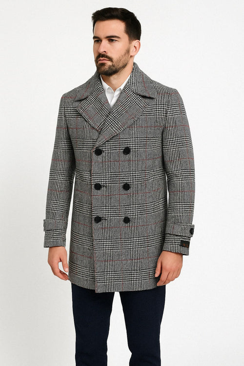 Mens Double-Breasted Houndstooth Plaid Overcoat in Black, White, and Red USA Men's Outlet