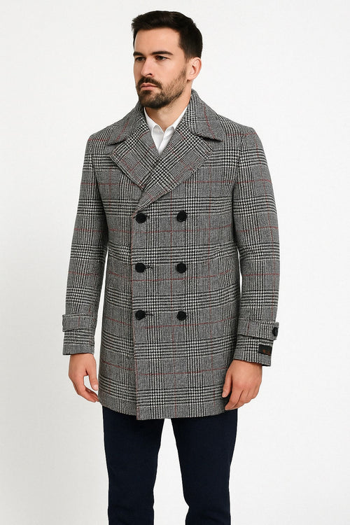 Mens Double-Breasted Houndstooth Plaid Overcoat in Black, White, and Red