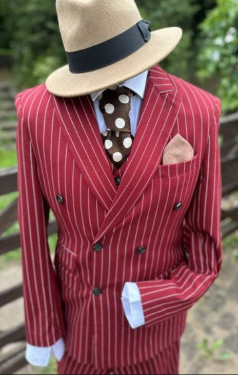 Mens Double Breasted Red and White Pinstripe Six Button Suit by USA Men's Outlet