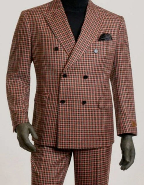Double Breasted Suit in Gray and Orange By Steve Harvey Suit Clothing Line - Plaid Checkered Patterned Suit USA Men's Outlet
