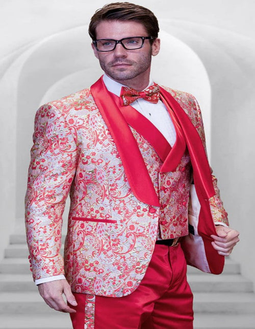 Men's One Button Paisley Wedding Tuxedo with Double Breasted Vest in Coral Orange by USA Men's Outlet