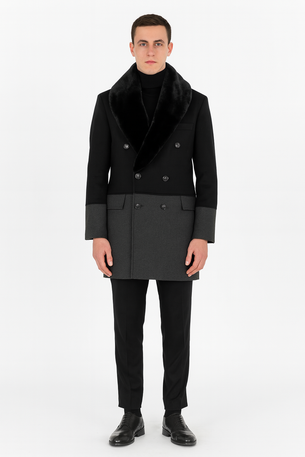 Men’s Double-Breasted Wool Overcoat with Faux Fur Shawl Collar - Classic Winter Dress Coat in Half Black and Charcoal by USA Men's Outlet