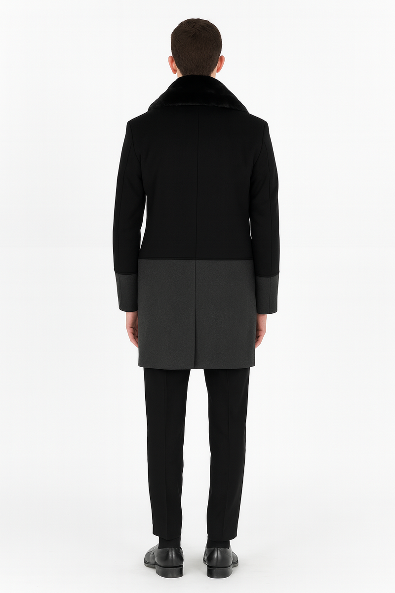 Men’s Double-Breasted Wool Overcoat with Faux Fur Shawl Collar – Classic Winter Dress Coat in Half Black and Charcoal