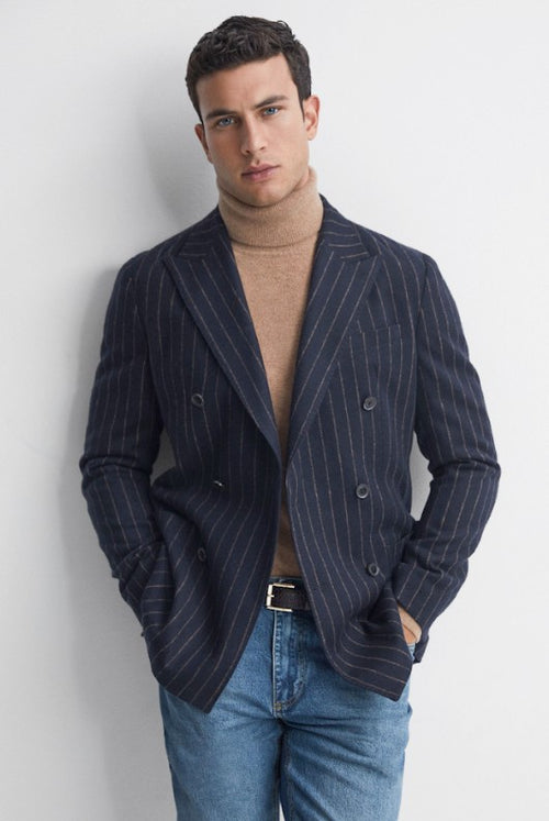 Men’s Double Breasted Navy Blue Pinstripe Blazer – Stripe Sport Coat Jacket