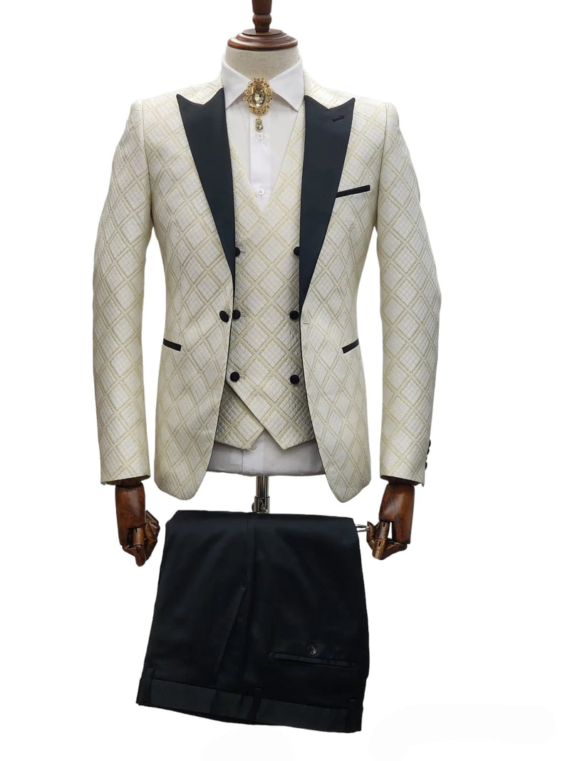 Ivory Tuxedo - Cream Wedding Suit - Off White Groom Peak Lapel Suit Groom different suit than groomsmen