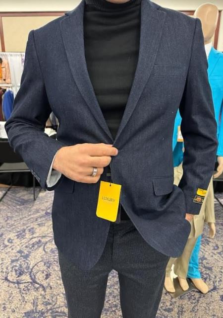 Denim Blazer - Cotton Fabric Blue Jean Sport Coat - Double Breasted Navy Blue Jacket by USA Men's Outlet