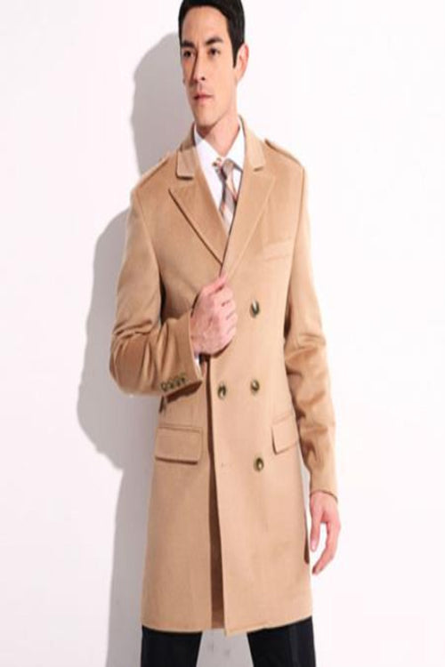 Men's Dress Coat 36 Inch Cashmere Double Breasted Long Men's Dress Topcoat - Winter Coat Designer Men's Peacoat Sale Overcoat Wide Peak Lapel 6 Buttons Camel USA Men's Outlet