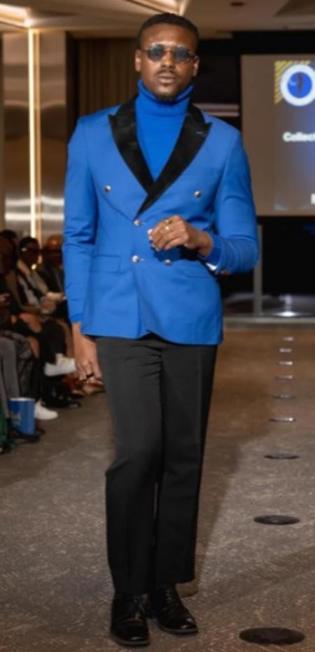 Double Breasted Tuxedo With Gold Buttons Black Lapel perfect for Wedding or Prom Royal Blue by PROMTUXEDO