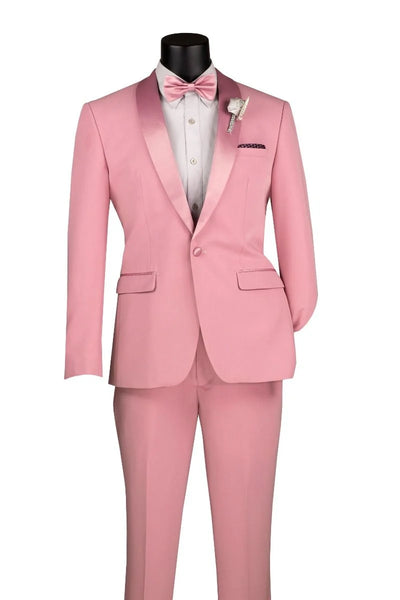 Dusty Rose Pink Tuxedo for Men – One Button Satin Lapel Wedding Prom Suit with Bow Tie