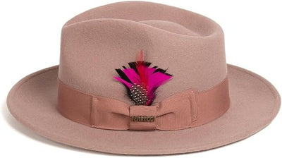 Gangster 100% Australian Wool Crushable Mens Fedora Hat - Removable Feather Gangster Dusty Pink Mens Fedora Hat