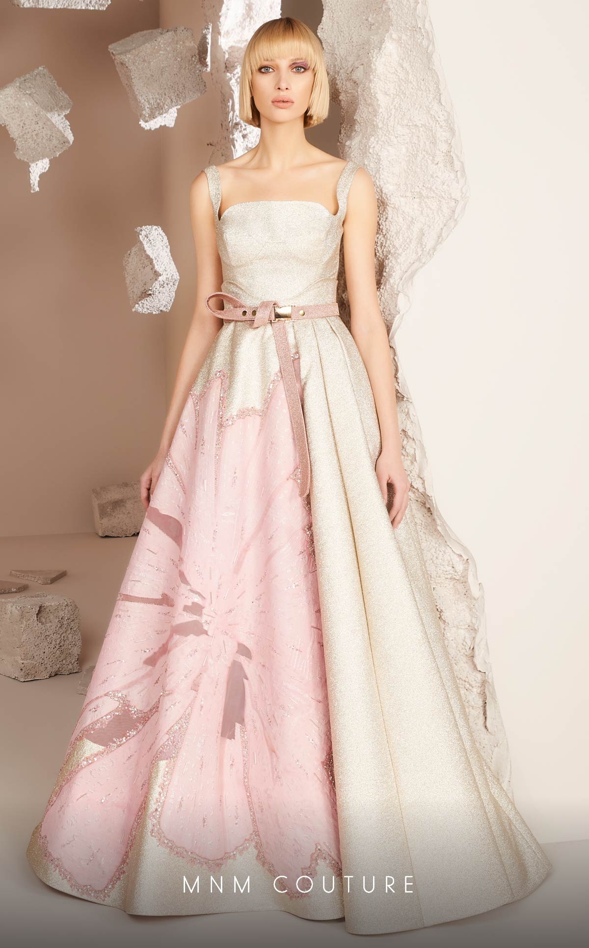 Floral Gold A-Line Gown with Square Neck & Belt by MNM Couture – SuitUSA