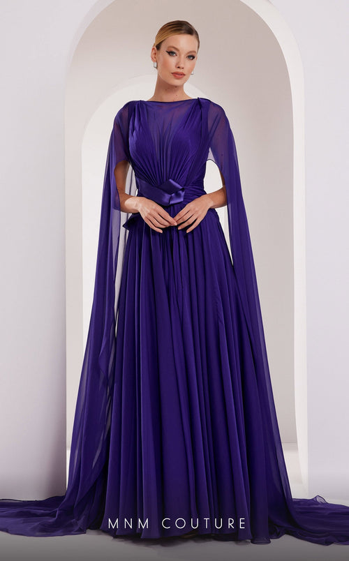 MNM Couture E0061 Coral Pleated Evening Gown with Cape Sleeves