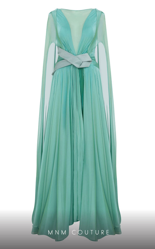 MNM Couture E0061 Coral Pleated Evening Gown with Cape Sleeves