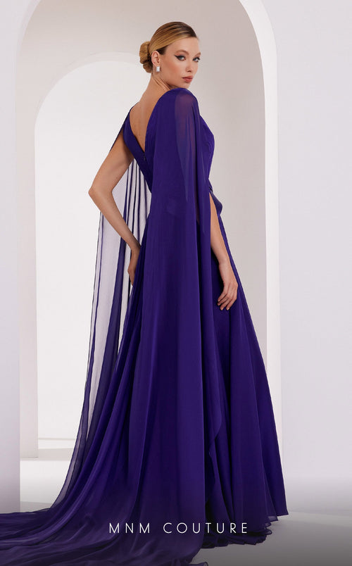 MNM Couture E0061 Coral Pleated Evening Gown with Cape Sleeves