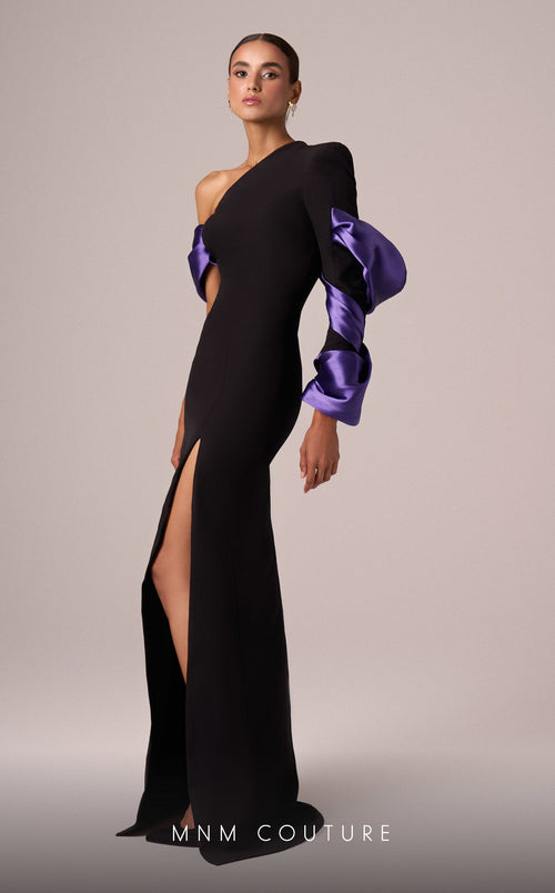 MNM Couture E0067 Asymmetrical Gown in Black/Purple